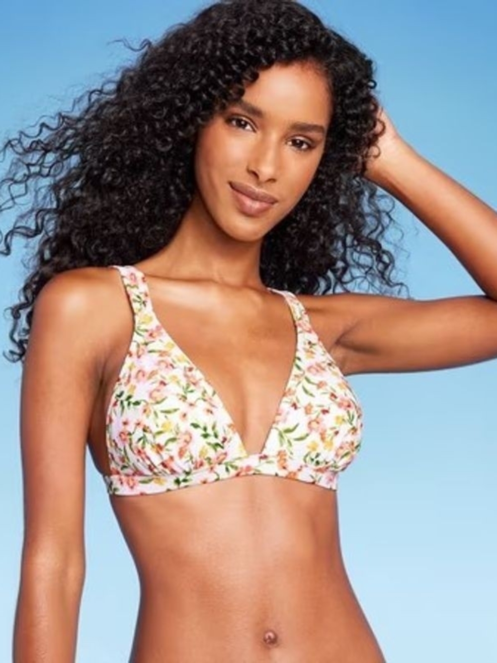 Shade & Shore Pink Floral Bikini Top with Green Accents